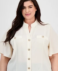 Anne Klein Plus Split-Neck Flutter-Sleeve Button-Front Blouse