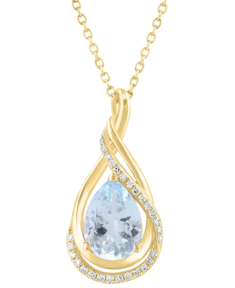 Effy Collection Diamond (1/10 ct. t.w.) & Aquamarine (1-1/2 ct. t.w.) Pendant in 14k Yellow Gold, 17" + 1" extender