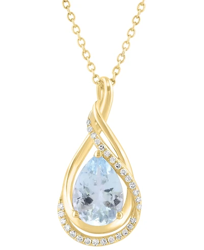 Effy Collection Diamond (1/10 ct. t.w.) & Aquamarine (1-1/2 ct. t.w.) Pendant in 14k Yellow Gold, 17" + 1" extender
