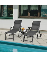 2PCS Patio Lounge Chair W/ Wheels Neck Pillow Aluminum Frame Adjustable
