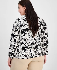 Ak Anne Klein Plus Button Roll-Tab Printed Blouse