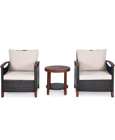 Gymax 3PCS Outdoor Patio Rattan Conversation Set Outdoor Furniture Set w/ Cushion