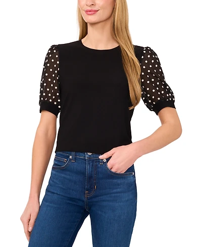 CeCe Women's Puff-Sleeve Mixed-Media Crewneck Top