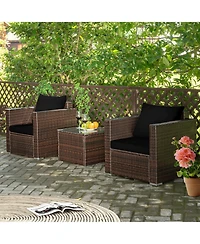 Gymax 3 Piece Outdoor Patio Rattan Conversation Furniture Set w/ Cushions & Coffee Table