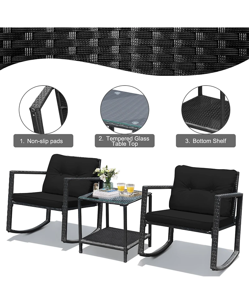 Gymax Set of 3 Rattan Patio Furniture Set Rocking Chair Set w/ Cushions Table
