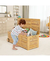 Rolling Patio Wooden Deck Box with 2 Wheels and Side Handle for Outdoor