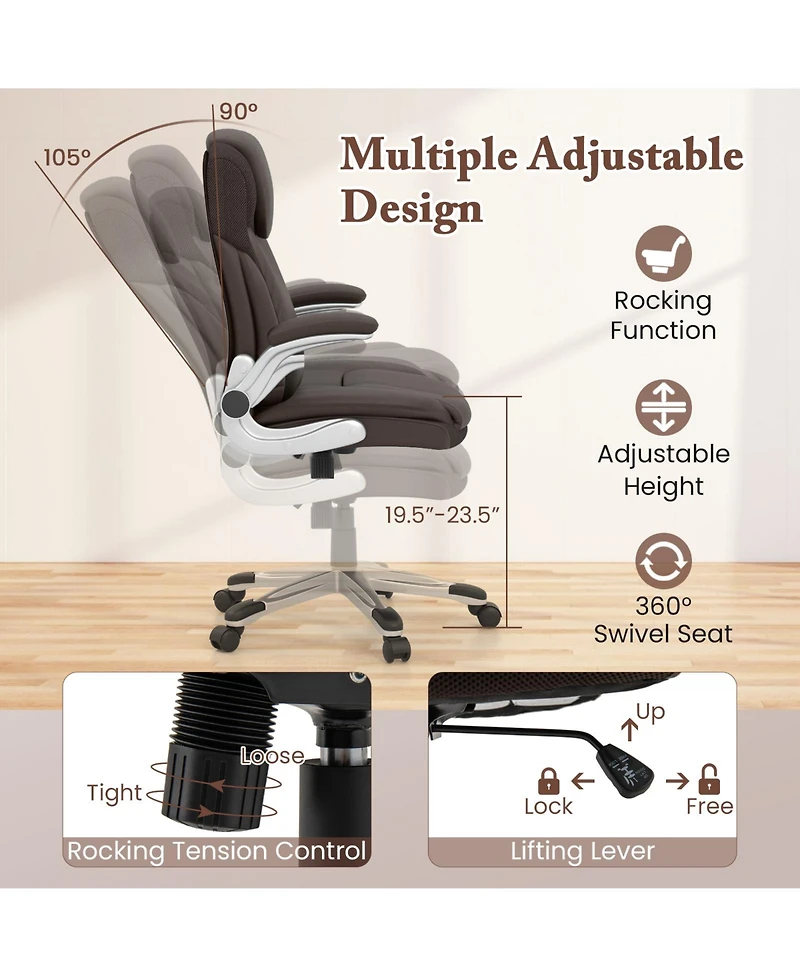 Ergonomic Office Pu Leather Executive Chair with Flip-up Armrests and Rocking Function