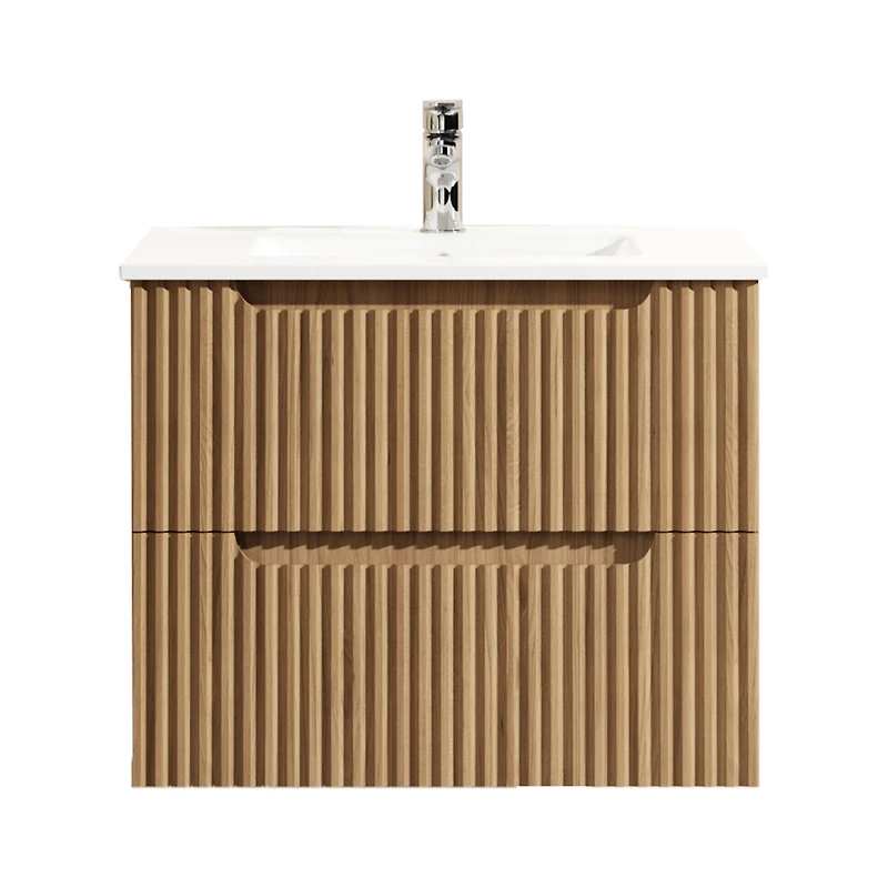 Casainc 24" Wall Mounted Walnut Bathroom Vanity Cabinet with White Basin Sink Combo Floating