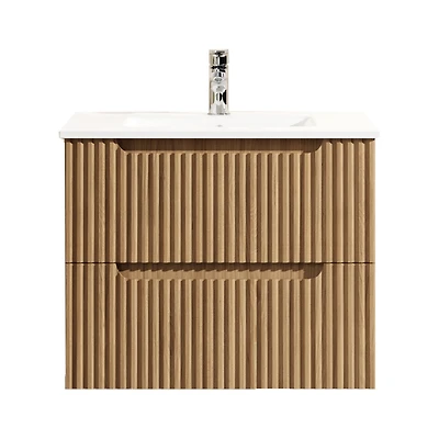Casainc 24" Wall Mounted Walnut Bathroom Vanity Cabinet with White Basin Sink Combo Floating