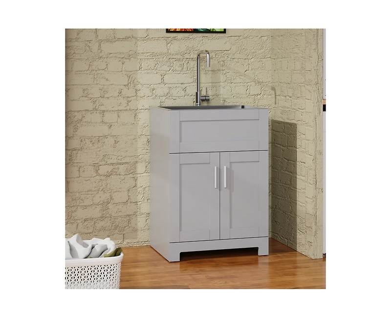 Casainc 24" Bathroom Sink Vanity Laundry Utility Gray Cabinet w/ Stainless Steel Sink Combo