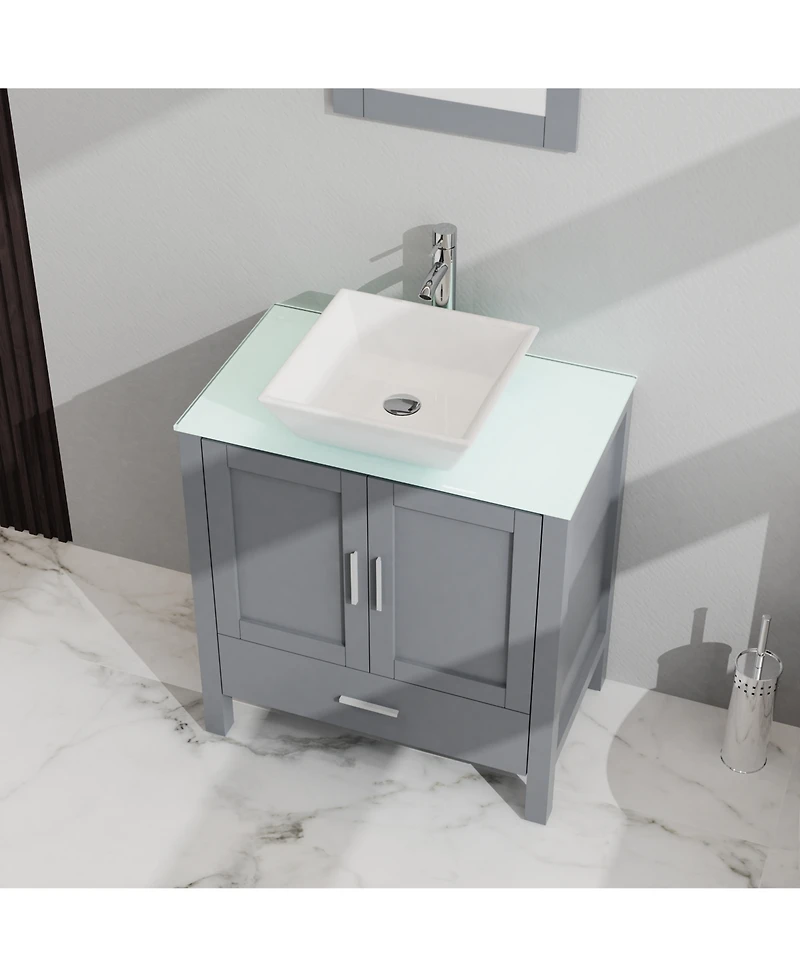 Casainc 30" Gray Bathroom Vanity and Sink Combo Glass Top Cabinet With Mirror