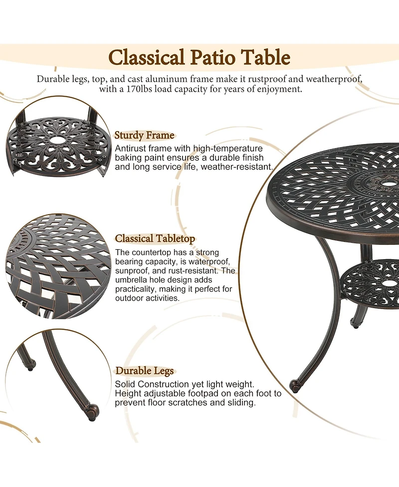 30 Inches Outdoor Dining Table with Umbrella Hole Cast Aluminium Patio Bistro Round Table, Bronze
