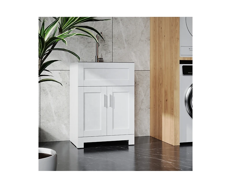 Casainc 24" White Paint Free Laundry Tub Cabinet w/ Stainless Steel Combo
