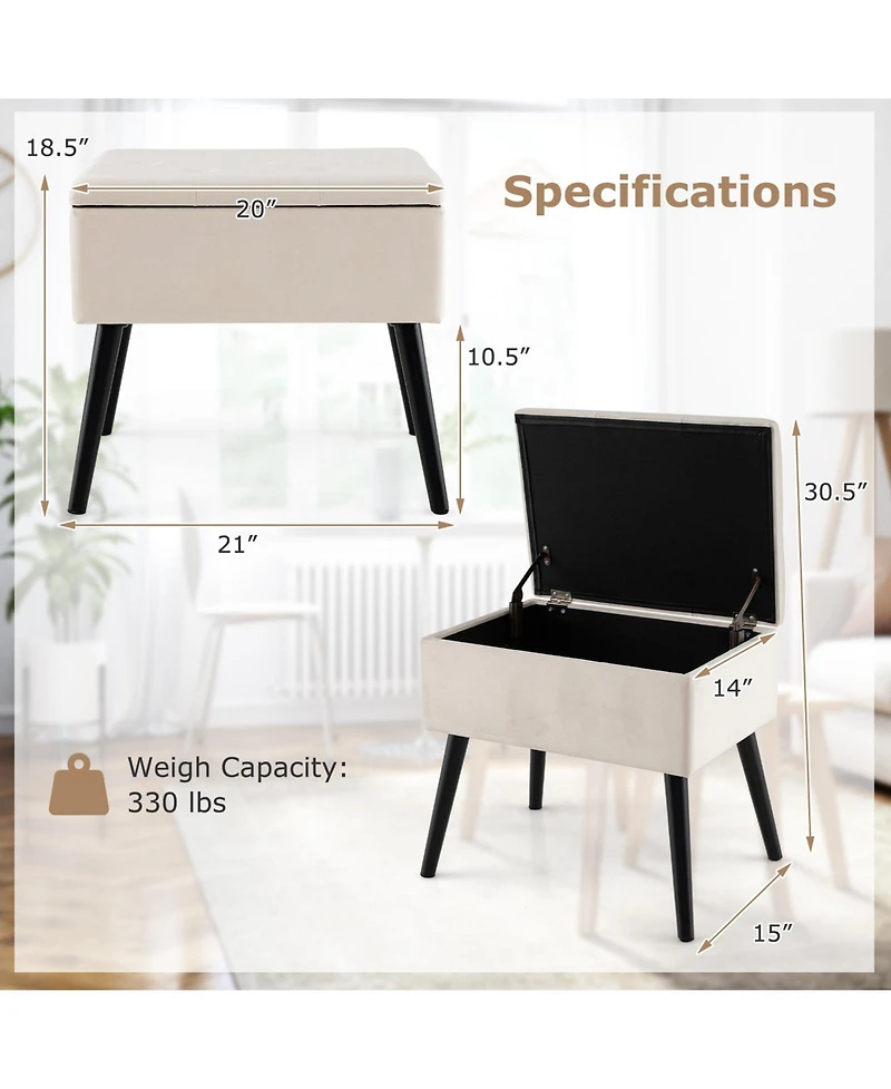 Velvet Storage Ottoman with Solid Wood Legs for Living Room Bedroom