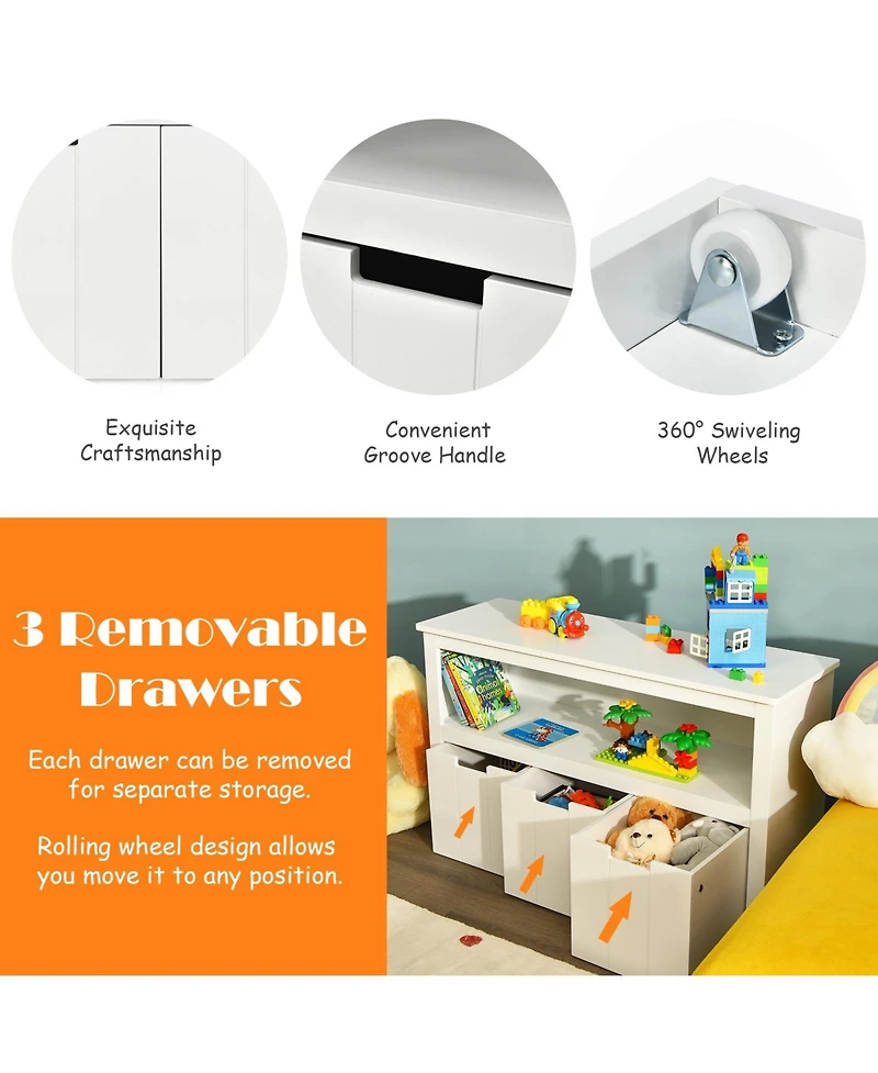 Kid Toy Storage Cabinet 3 Drawer Chest with Wheels Large Storage Cube Shelf