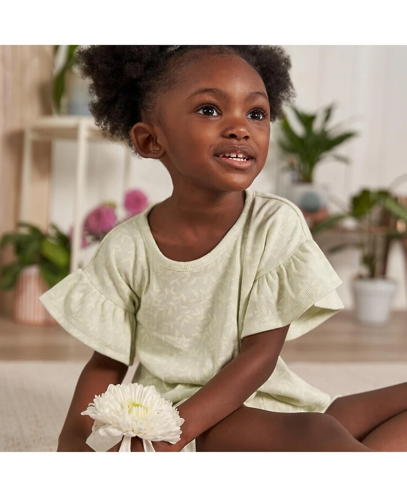 Gerber Toddler Girls 2-Piece Shirt and Shorts Set, Green Leaves, 5T