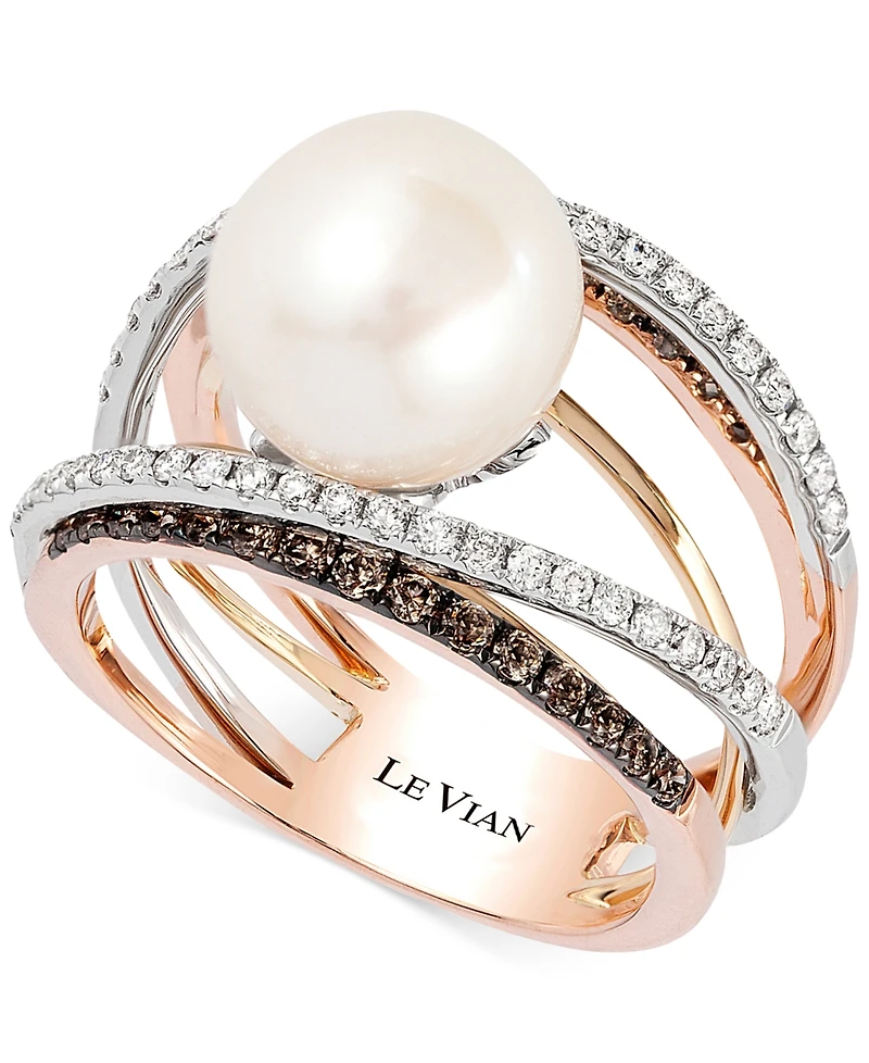 Le Vian Fresh Water Pearl (10mm) and Diamond (3/4 ct.t.w.) Ring in 14k White, Yellow and Rose Gold