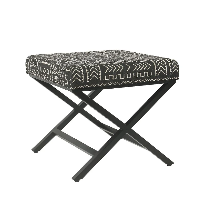 Tribal Pattern Upholstered Ottoman with X-Shape Legs for Stylish Seating & Storage