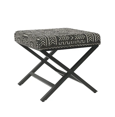 Tribal Pattern Upholstered Ottoman with X-Shape Legs for Stylish Seating & Storage