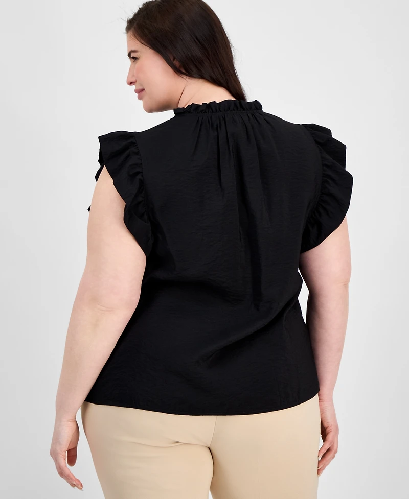 Anne Klein Plus Ruffle-Trim Split-Neck Sleeveless Blouse