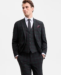 Bar Iii Men's Slim-Fit Green & Burgundy Plaid Suit Separate Vest, Macy's Exclusive