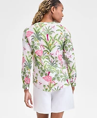 Charter Club Women's 100% Linen Palm Print Roll-Tab Shirt, Exclusively at Macy's