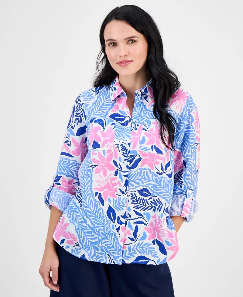 Charter Club Petite Bhavana Multi Floral Print Linen Shirt, Exclusively at Macy's