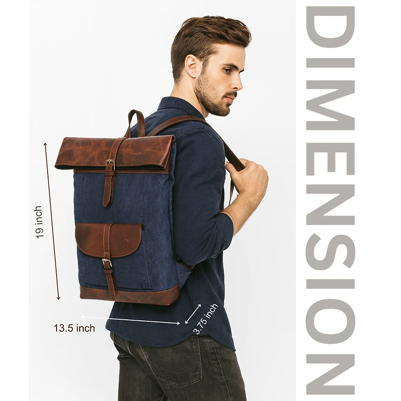 Vintage Canvas Roll Top Backpack with Leather Trim, Laptop Compartment, Adjustable Straps & Front Pocket – Stylish and Durable Travel, School o