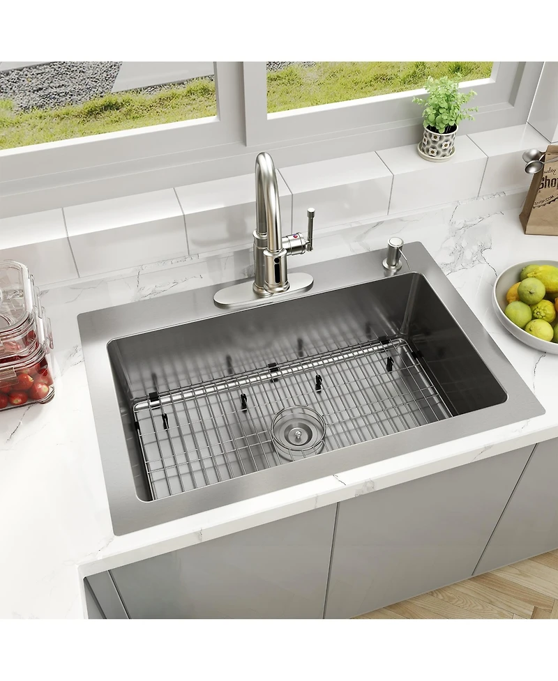 33-Inch Stainless Steel Sink On The Counter Installation Single Grooves With 2 Faucet Holes With Drain Grid And Drainer Thick 18Ga