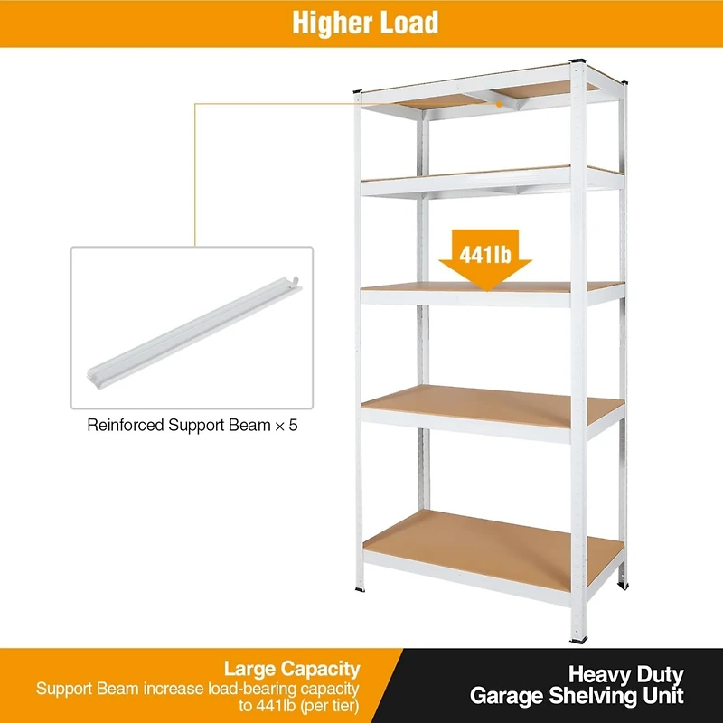 5 Tier Laminated White Metal Shelving Unit Adjustable Garage Storage Utility Rack Heavy Duty Shelves Organization Multipurpose Shelf Warehouse Basemen