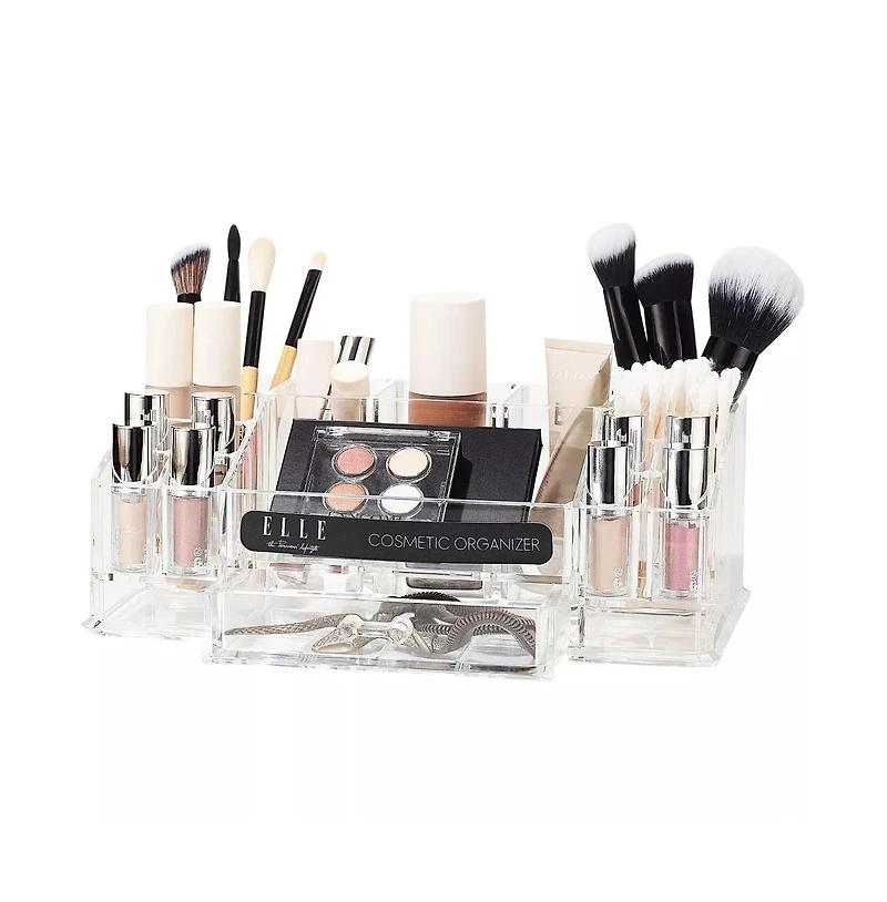 Acrylic Makeup Tray Organizer– 16 Compartments 1 Drawer, Rectangular Holder for Brushes, Eyeshadow Palettes, Skincare & Beauty Supplies