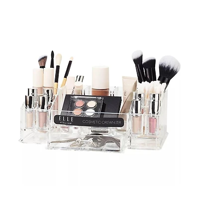 Acrylic Makeup Tray Organizer– 16 Compartments 1 Drawer, Rectangular Holder for Brushes, Eyeshadow Palettes, Skincare & Beauty Supplies