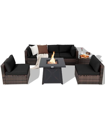 Gymax 7PCS Rattan Patio Sectional Furniture Set w/ 30'' Fire Pit Table & Cushion