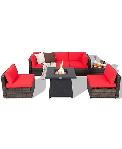 Gymax 7PCS Rattan Patio Sectional Furniture Set w/ 30'' Fire Pit Table & Cushion