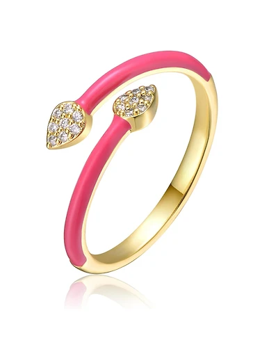 Sterling Silver 14k Yellow Gold Plated with Cubic Zirconia Bypass Magenta Pink Enamel Stacking Ring
