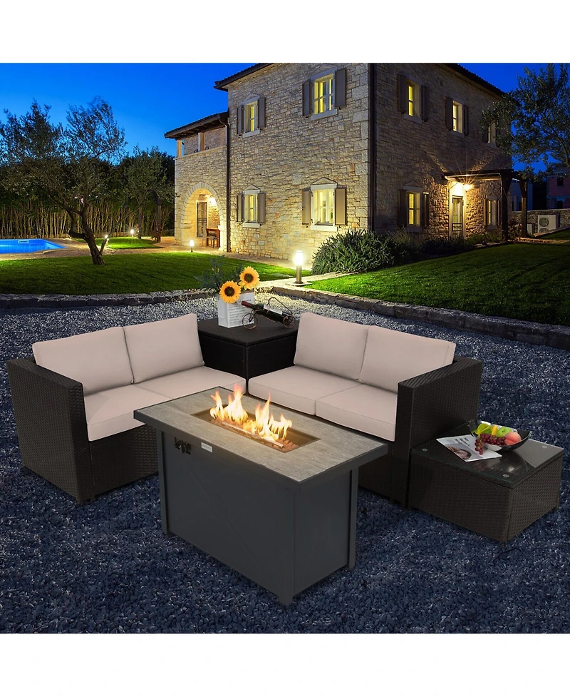 Gymax 5PCS Patio Rattan Furniture Set Fire Pit Table w/ Cover Storage Cushion
