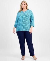 Jm Collection Plus Size Printed Lace-Up Split-Neck Top, Exclusively at Macy's