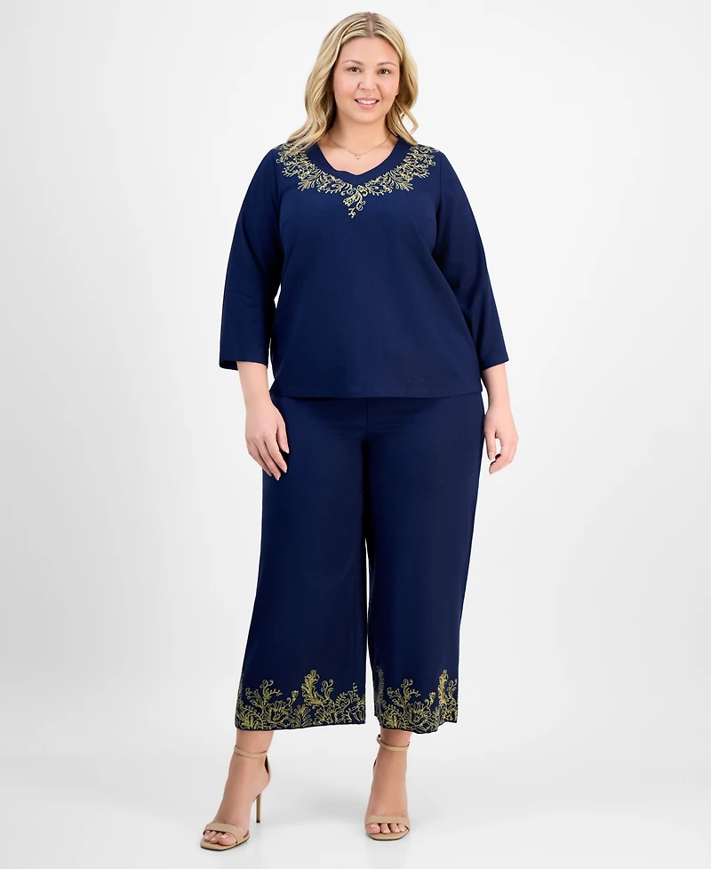 Jm Collection Plus Metallic Embroidered V-Neck Top, Exclusively at Macy's
