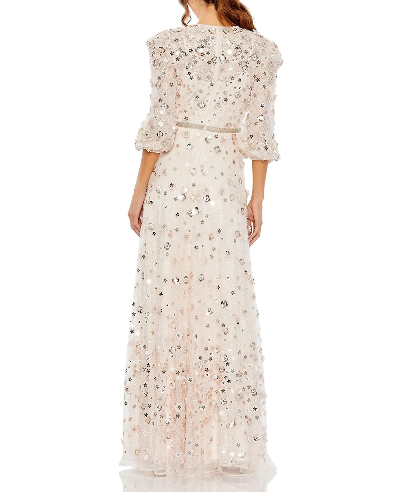 Mac Duggal Women's Floral Applique Puff Sleeve High Neck A-Line Gown