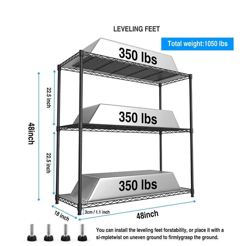 3 Tier Wire Shelving Unit, 1050 Lbs Nsf Height Adjustable Metal Garage Storage Shelves, Heavy Duty Storage Wire Rack Metal Shelves