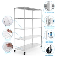 5 Tier 7500lbs Heavy Duty Adjustable Storage Rack Metal Shelf Wire Shelving Unit with Wheels & Shelf Liners - 82" H x 60" L x 24" D