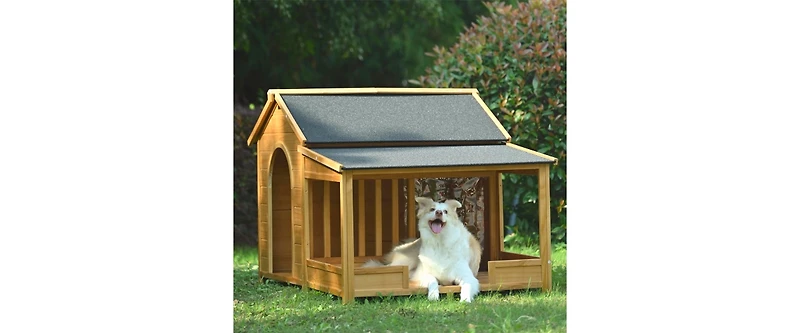 Dog House Outdoor & Indoor Wooden Dog Kennel for Winter with Raised Feet Weatherproof for Large Dogs(Gold red and black)44.5"26.4"27.8"(M)