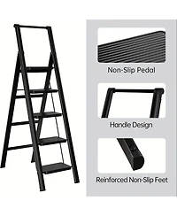 5-step ladder folding step stool, 5-step ladder with anti slip wide pedals, lightweight and easy to carry handle folding ladder, multi-purpose steel l