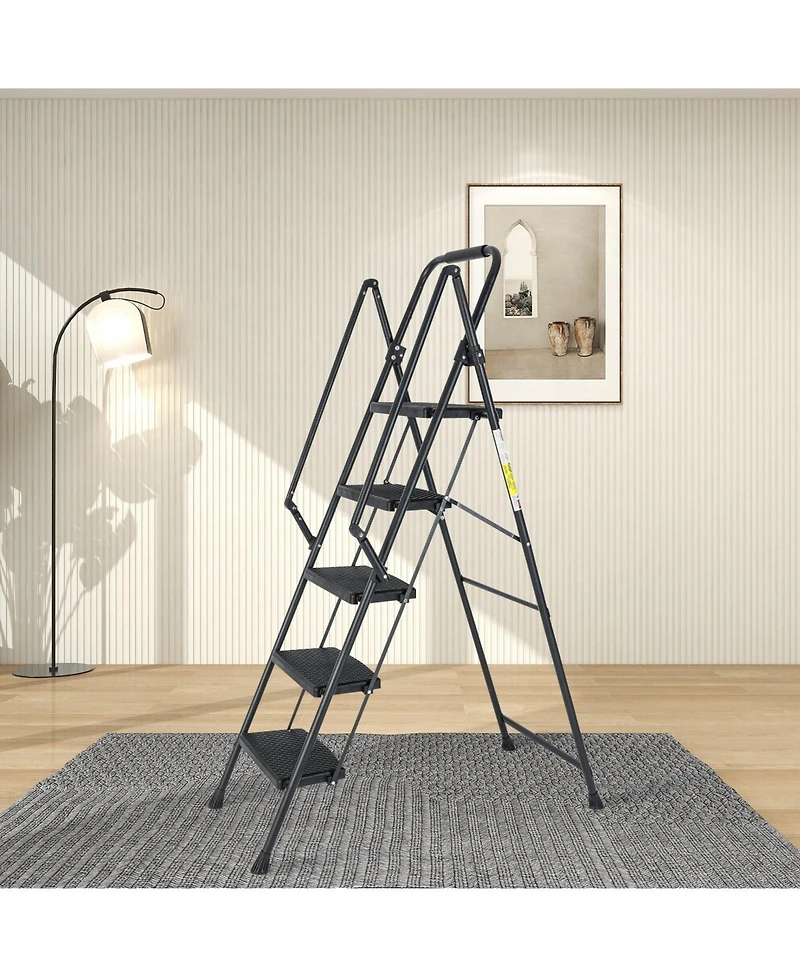 5-Step Steel Folding Step Stool Ladder with Wide Anti Slip Pedal and Safety Handle, Black