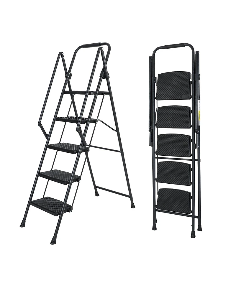 5-Step Steel Folding Step Stool Ladder with Wide Anti Slip Pedal and Safety Handle, Black