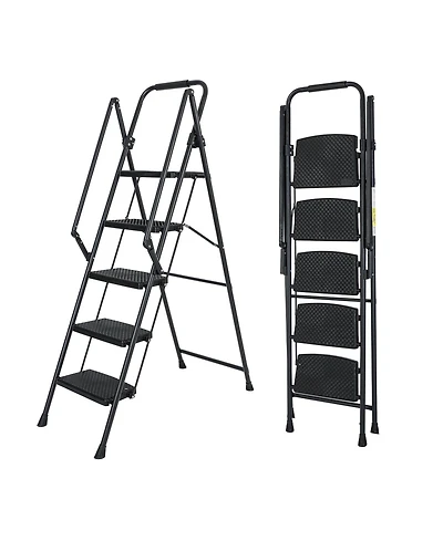5-Step Steel Folding Step Stool Ladder with Wide Anti Slip Pedal and Safety Handle, Black