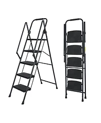 5-Step Steel Folding Step Stool Ladder with Wide Anti Slip Pedal and Safety Handle, Black