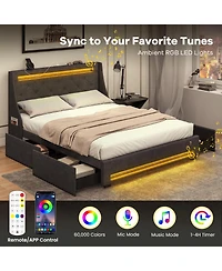 Full Size Bed Frame with Led Lights Wingback Headboard and Charging Station