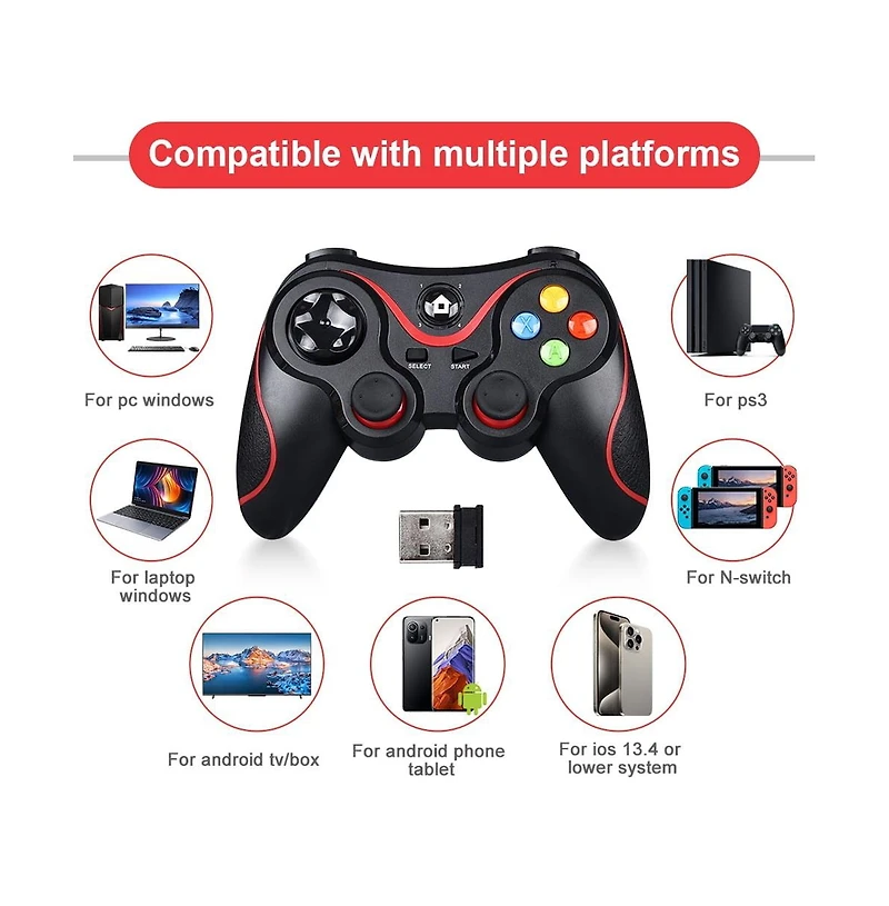 V8 2.4G Wireless Game Controller – Dual Vibration Joystick for Android, iOS, Pc, PS3, Switch, Mobile Phone (Black)