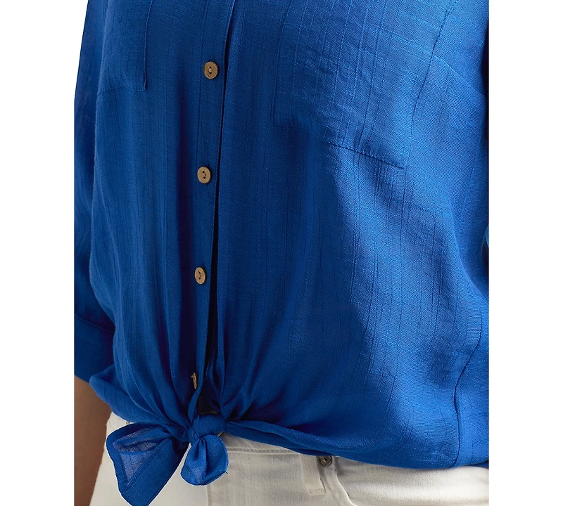 Bcx Juniors' Textured Roll-Sleeve Button-Front Top